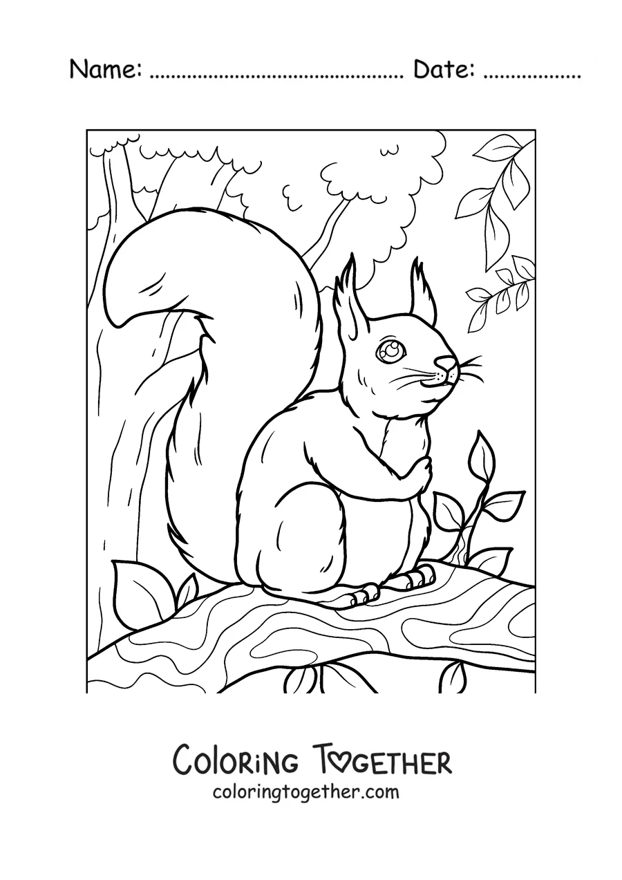 Coloring page of a smiling squirrel sitting on a branch