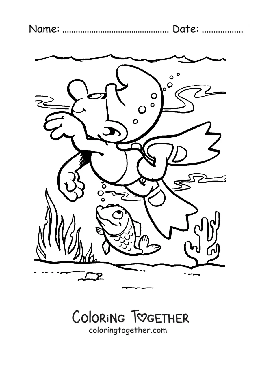 Coloring page of a Smurf diving among the fish
