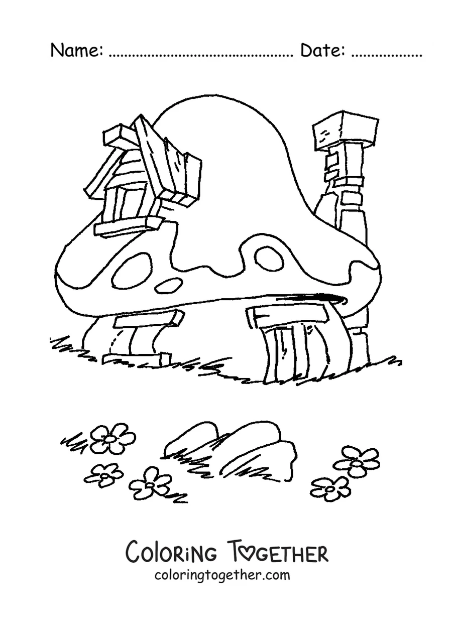 Coloring page of a Smurf mushroom house