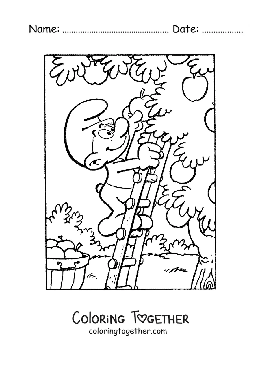 Coloring page of a Smurf picking apples on a ladder
