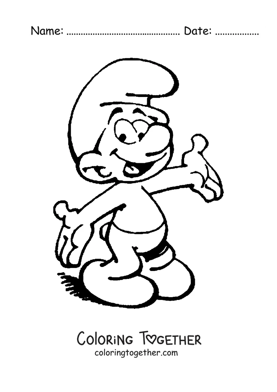 Coloring page of a happy Smurf waving