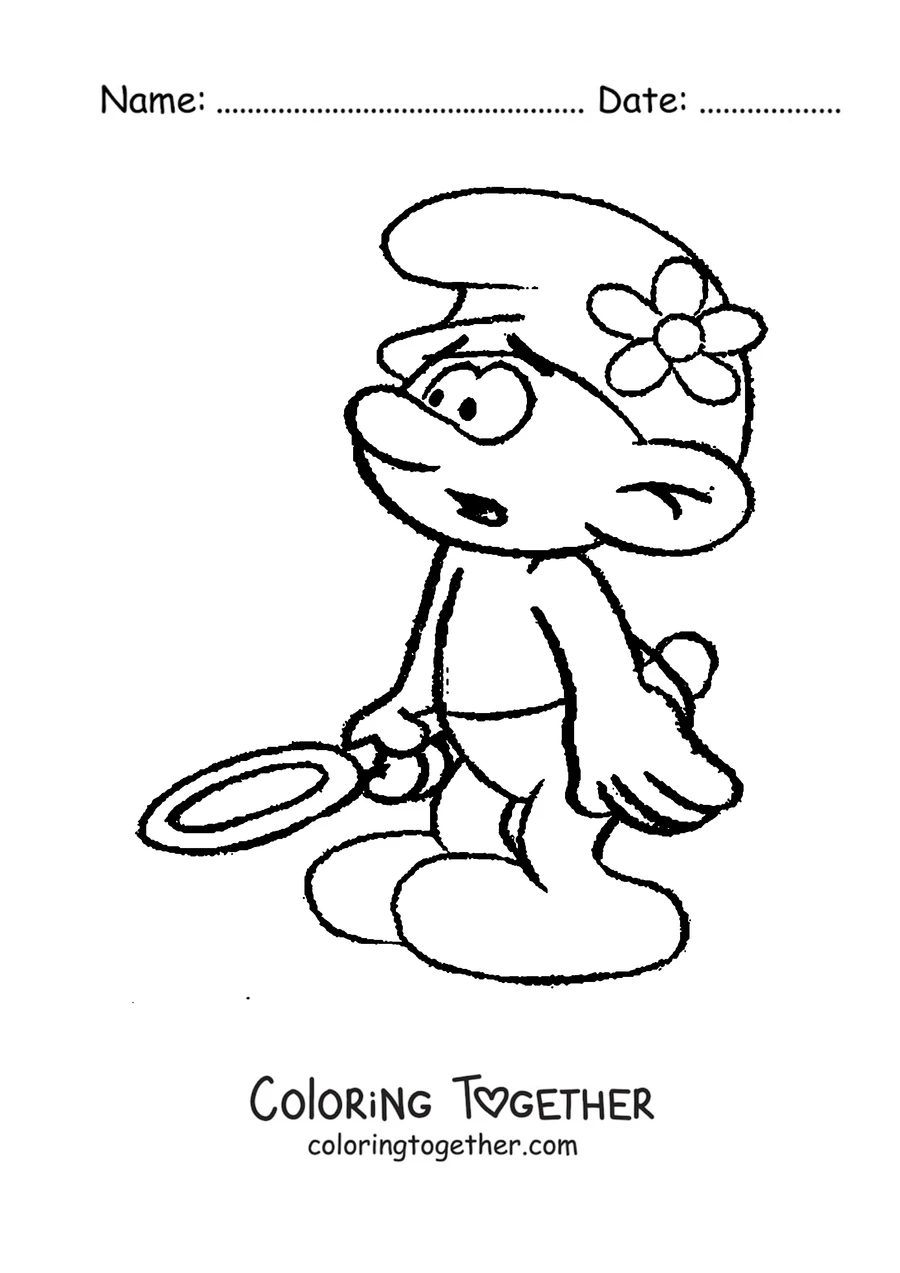 Coloring page of a Smurf exploring with a magnifying glass