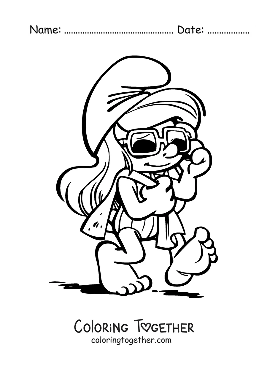 Coloring page of Smurfette with sunglasses
