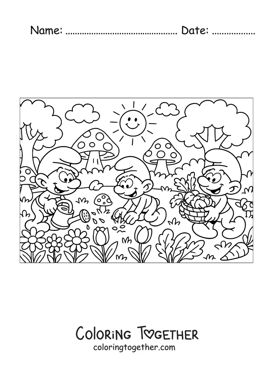 Coloring page of three Smurfs working in the garden