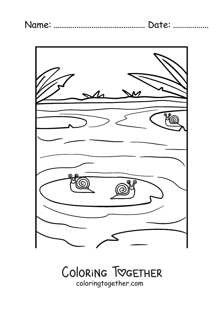 Coloring page of a snail beside a pond with lily pads