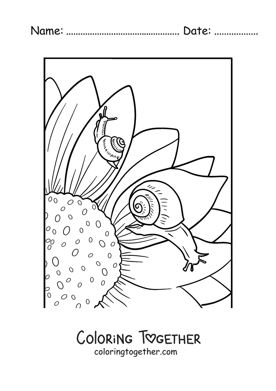 Coloring page of a snail climbing a sunflower