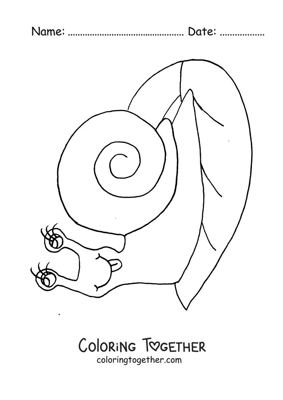 Coloring page of a snail on a leaf with two baby snails