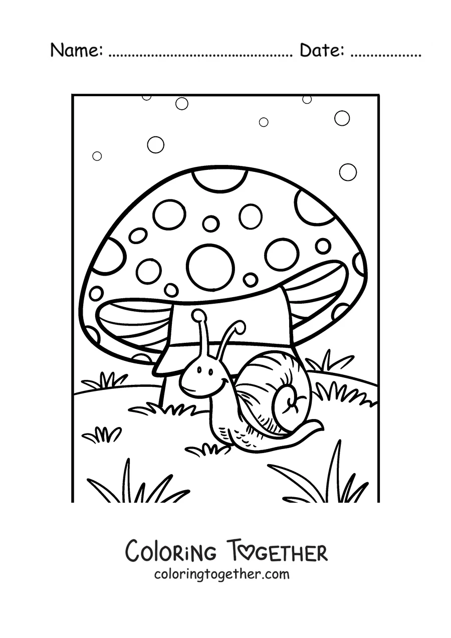 Coloring page of a snail under a mushroom