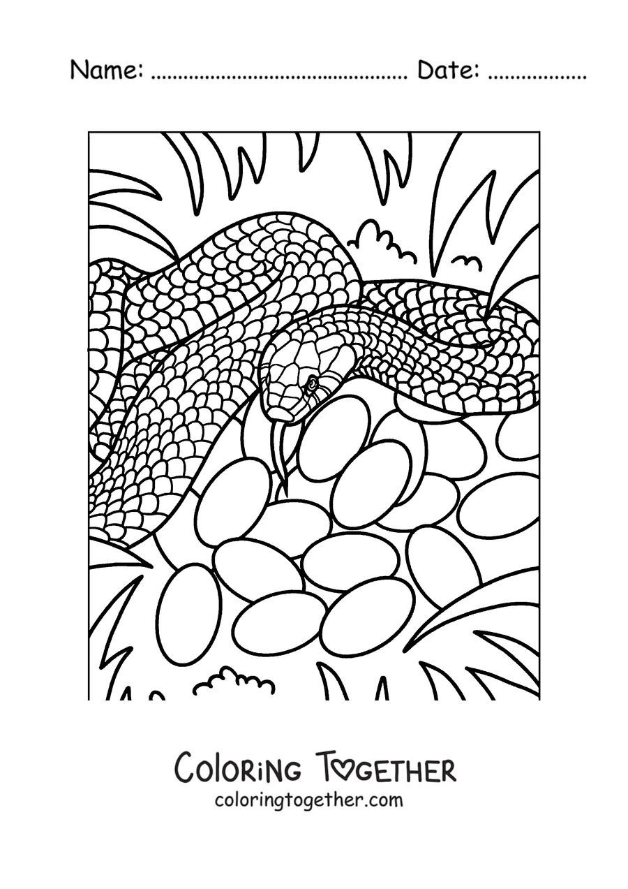 Coloring page of a snake guarding its eggs