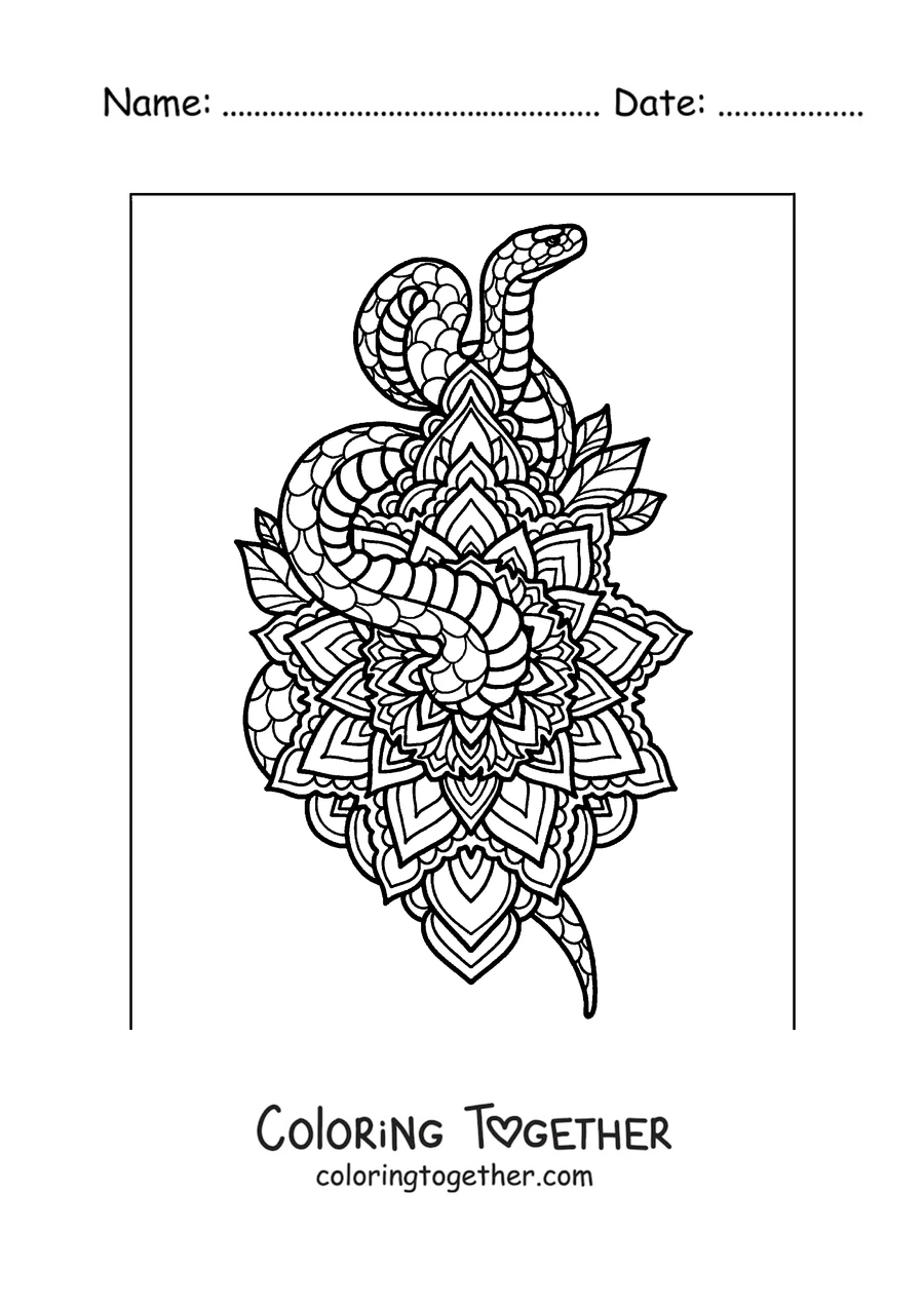 Coloring page of a snake with a mandala