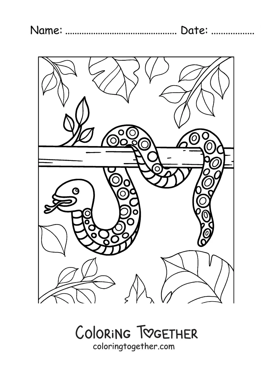 Coloring page of a snake coiled on a branch