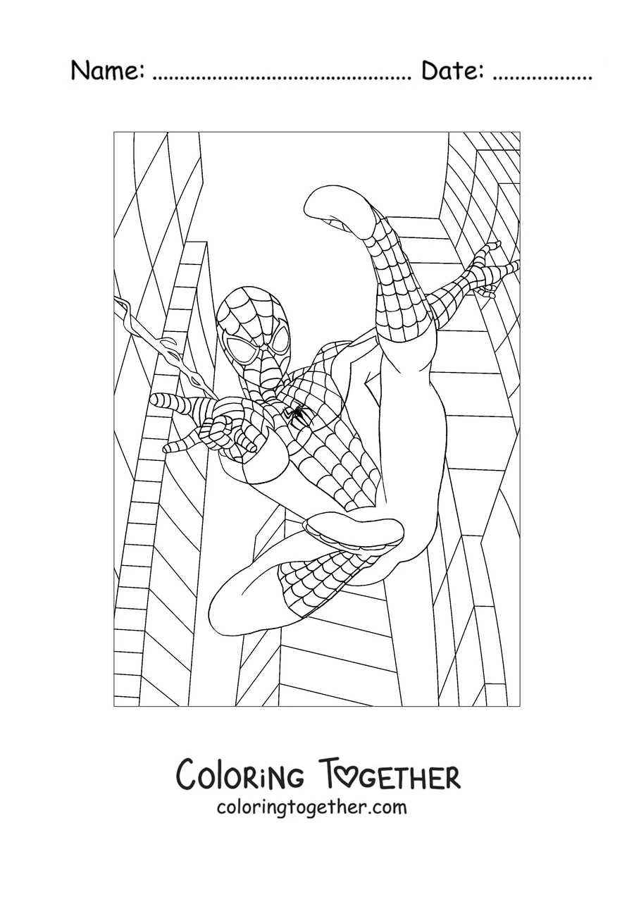 Coloring page of Spider-Man climbing between two very tall skyscrapers