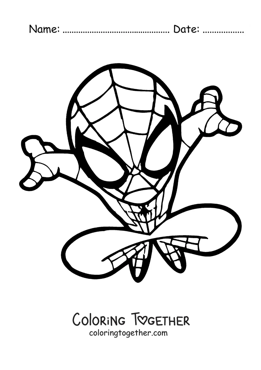 Coloring page of a chibi Spider-Man jumping happily