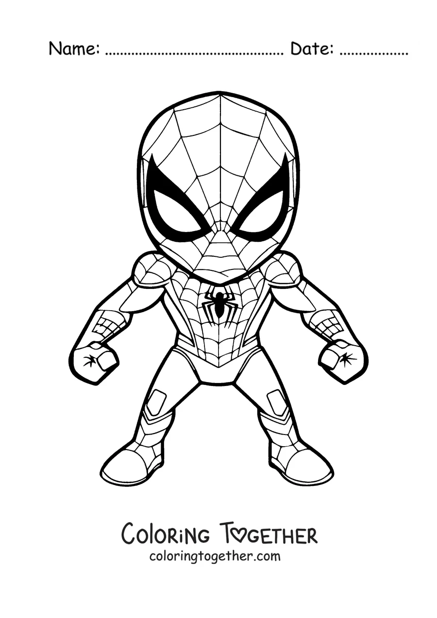 Coloring page of a cute little Spider-Man standing in his suit