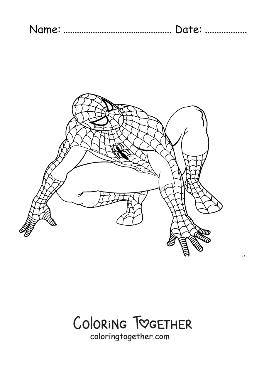 Coloring page of Spider-Man crouched on all fours ready to jump