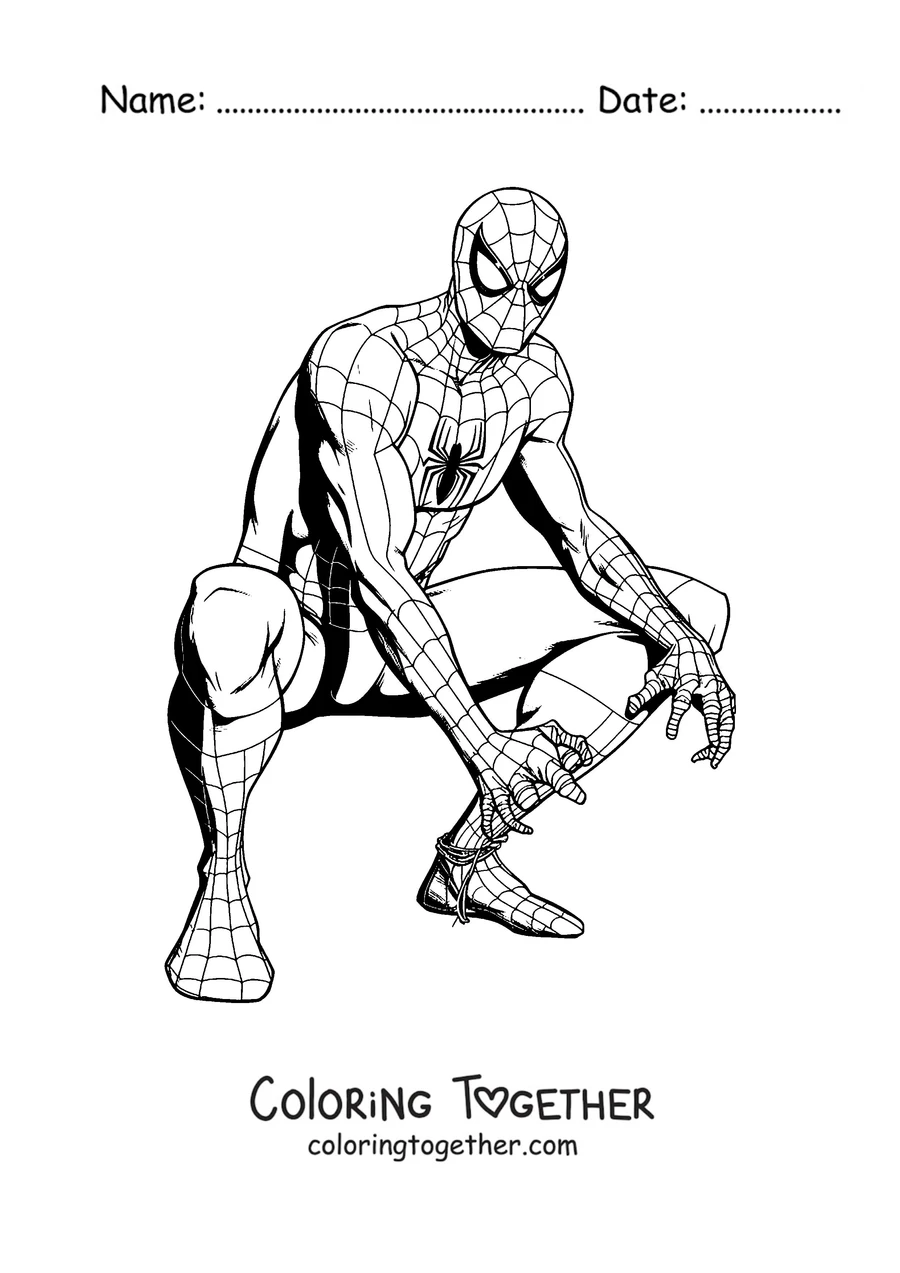 Coloring page of Spider-Man crouching in a superhero pose