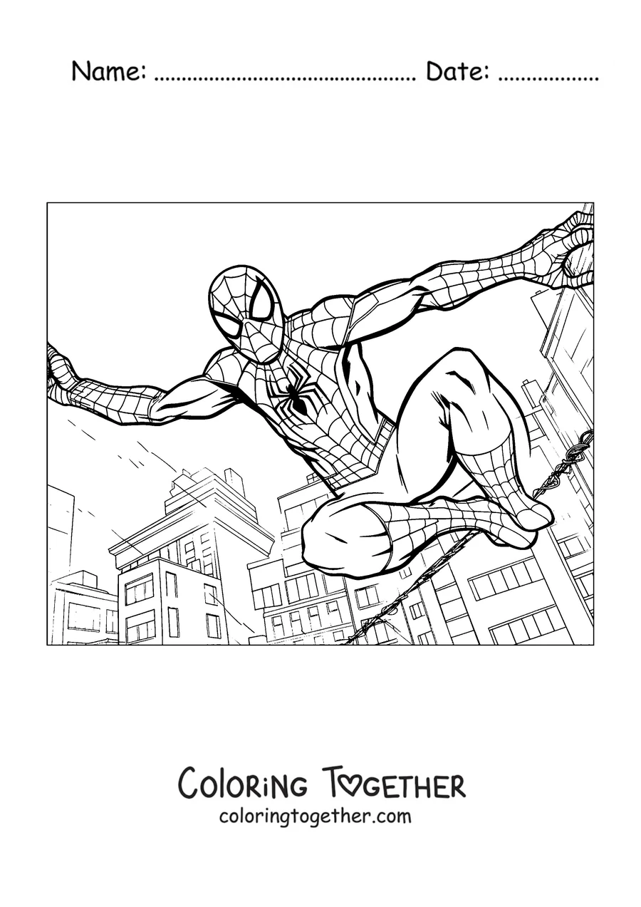 Coloring page of Spider-Man leaping with his arms wide between the buildings