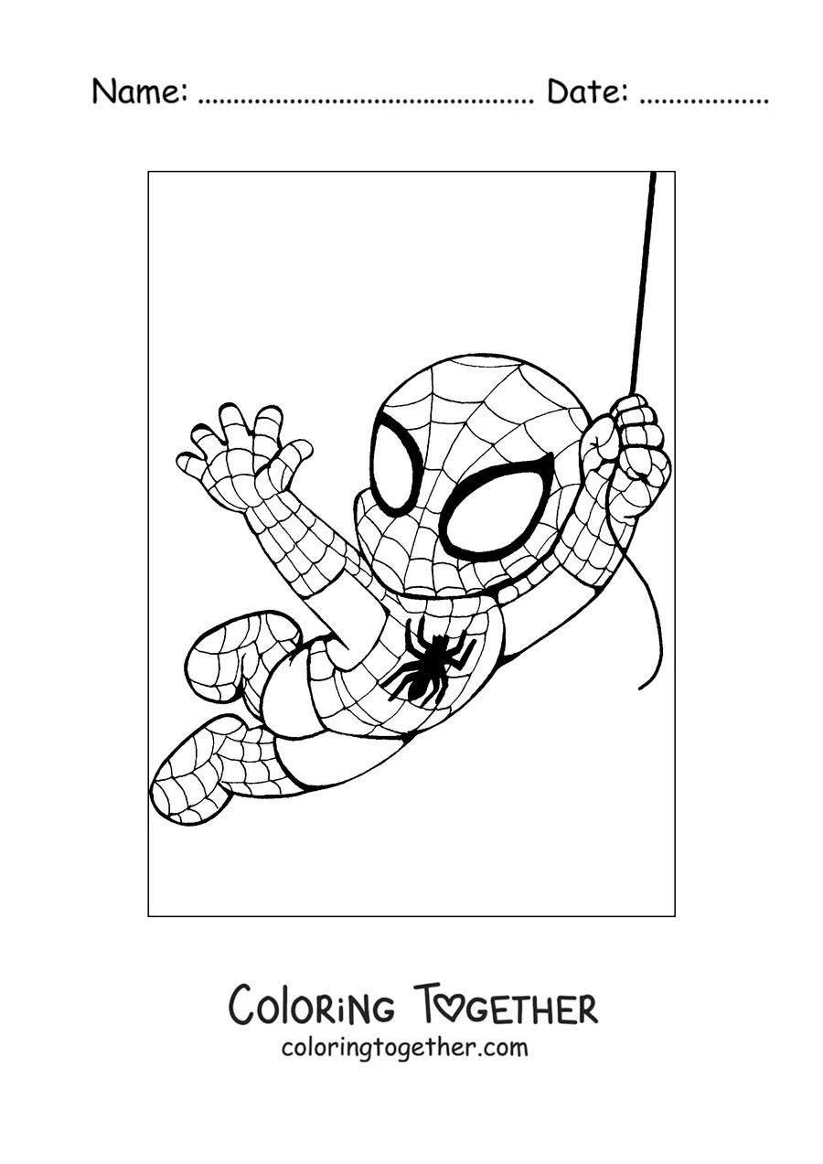 Coloring page of a little Spider-Man hanging and swinging from his web