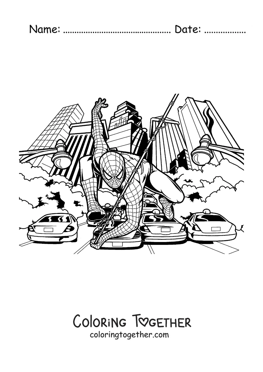 Coloring page of Spider-Man crouching on the cars in a city street