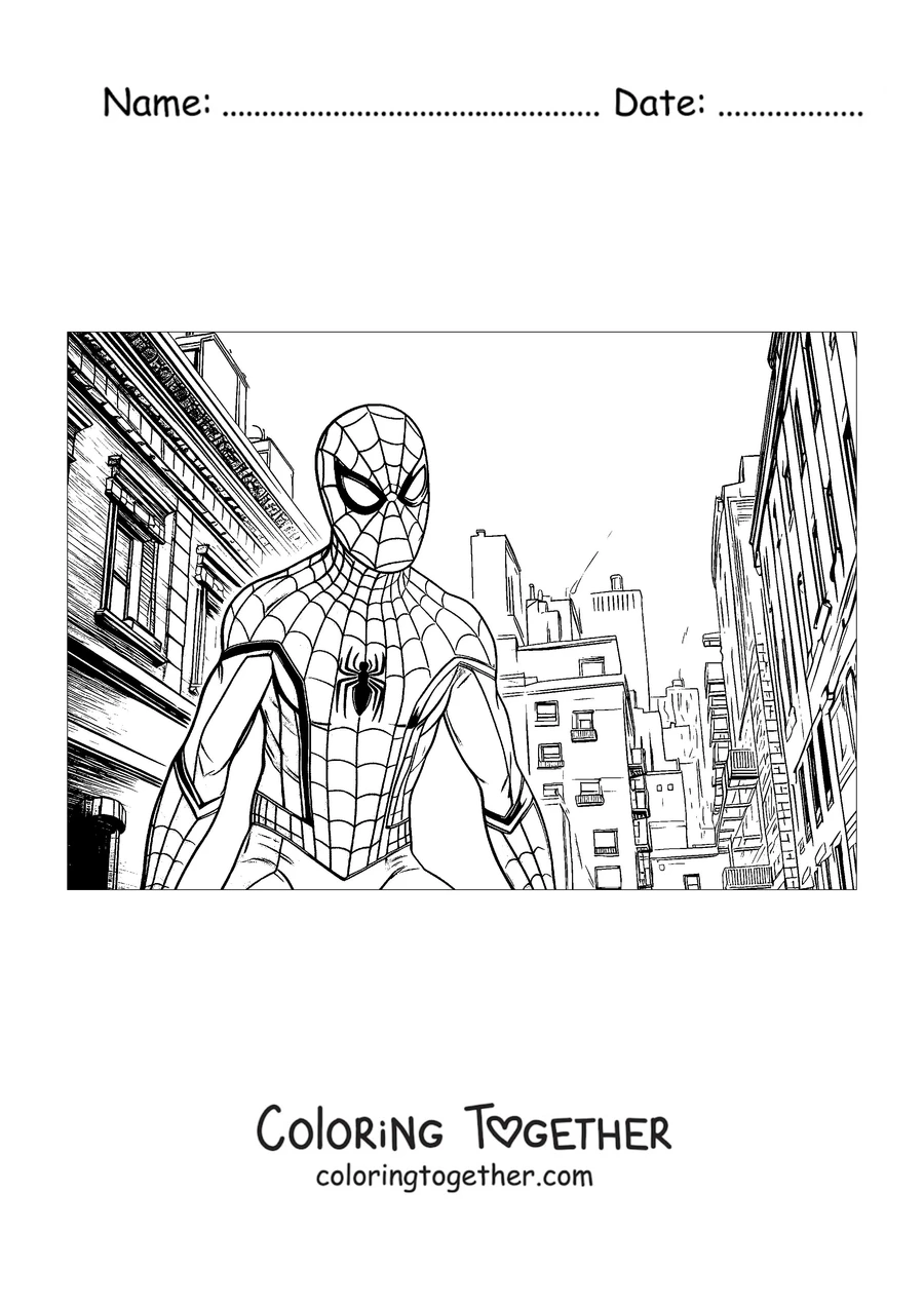 Coloring page of Spider-Man standing in a street surrounded by buildings