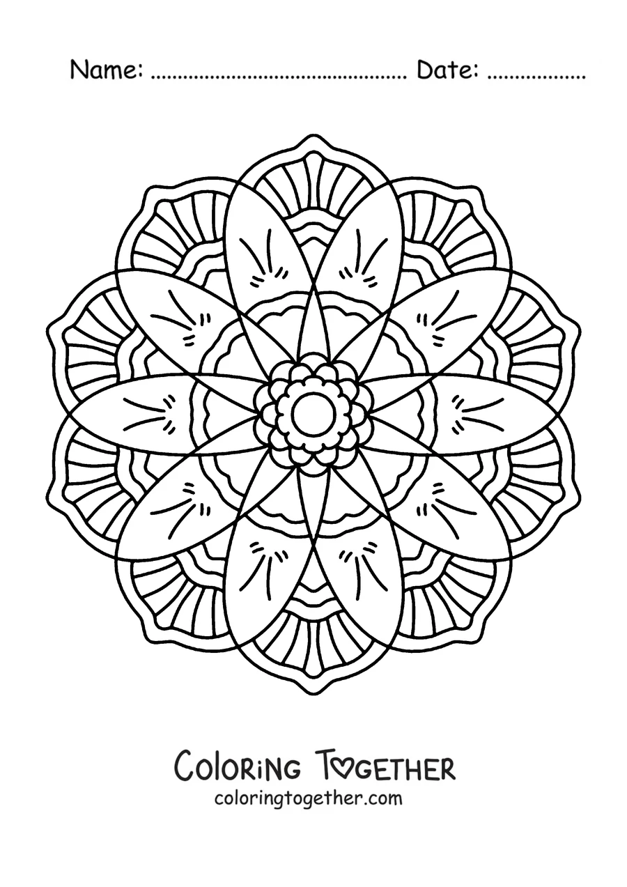 Coloring page of a round spring mandala with long petals and a ring of flowers