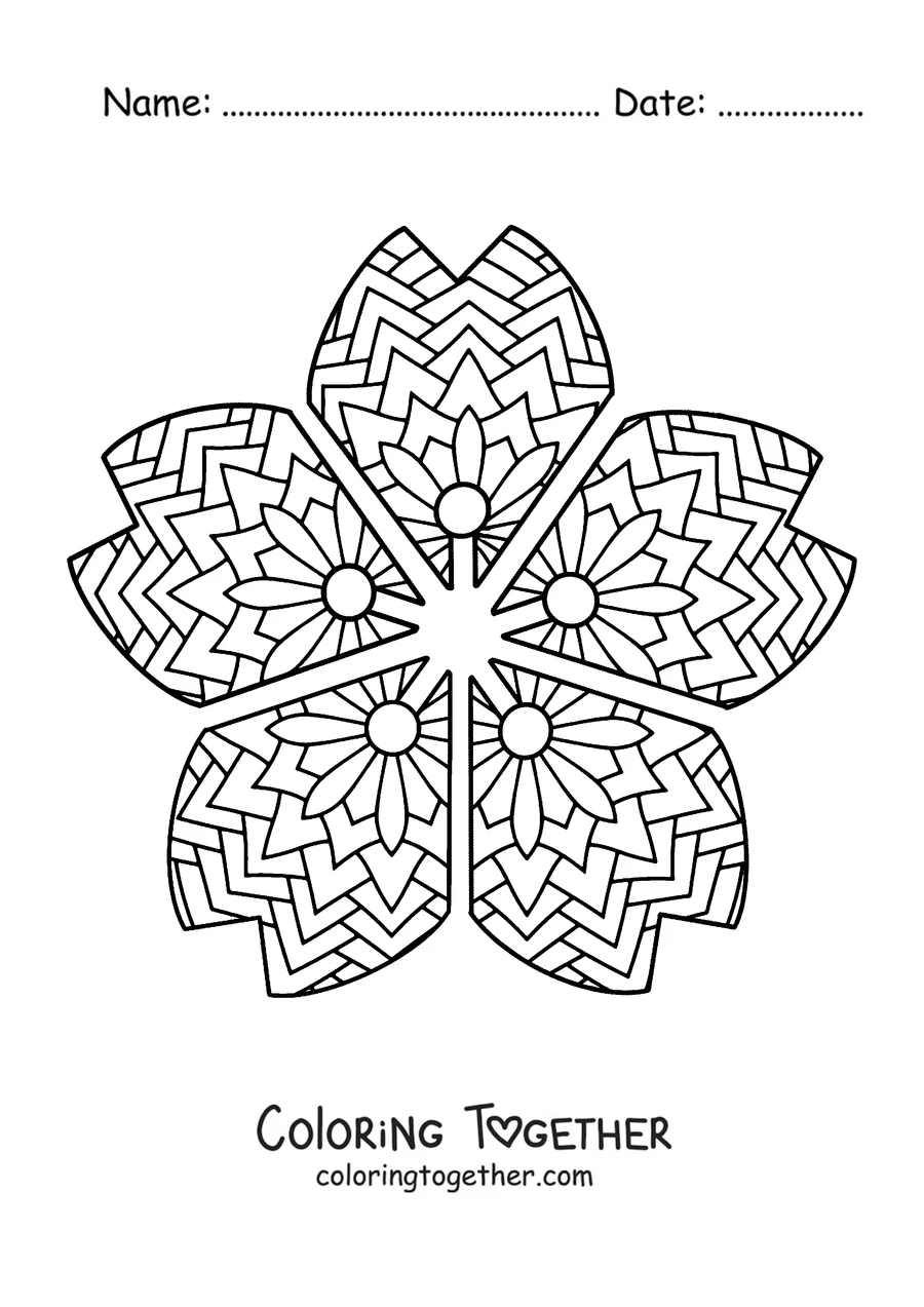 Coloring page of a spring mandala shaped like a five-petal cherry blossom