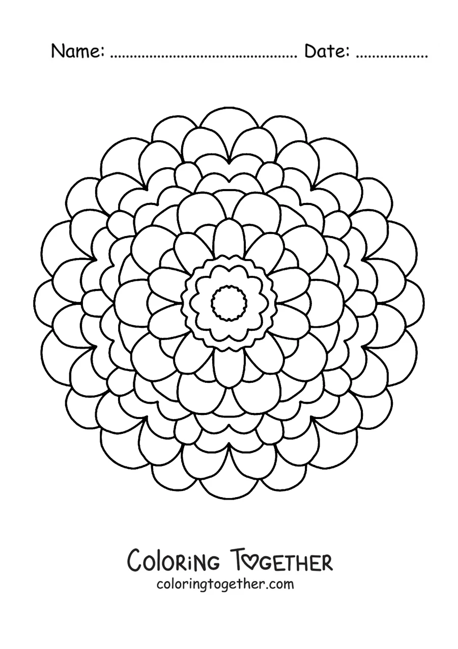 Coloring page of a spring mandala shaped like a round dahlia with many petals