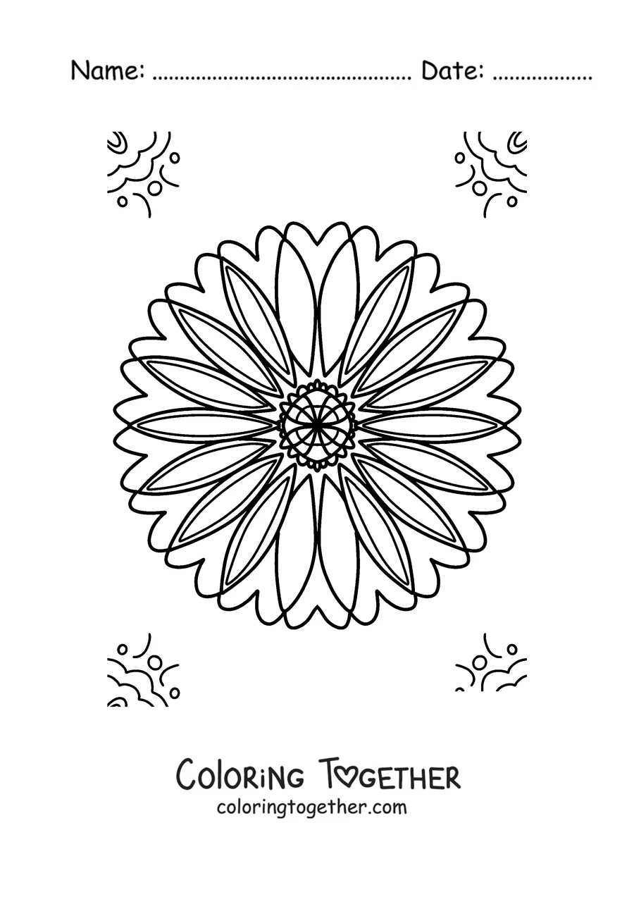 Coloring page of a spring mandala shaped like a daisy with many petals