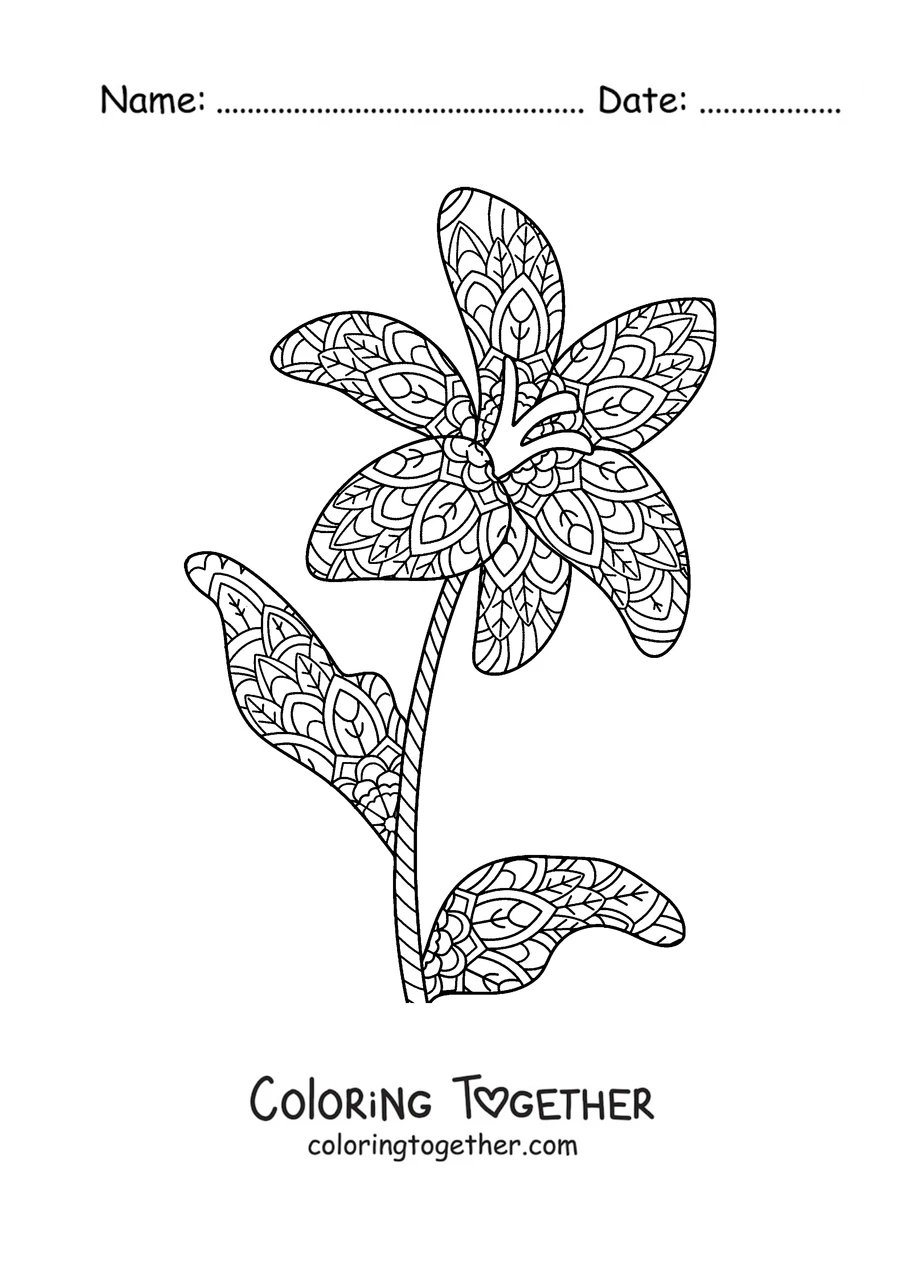 Coloring page of a spring mandala shaped like a lily with leaves and patterns
