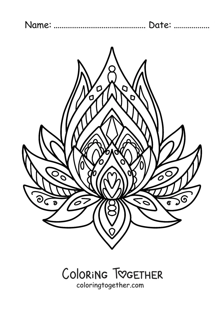 Coloring page of a spring mandala shaped like a lotus flower with pointed petals