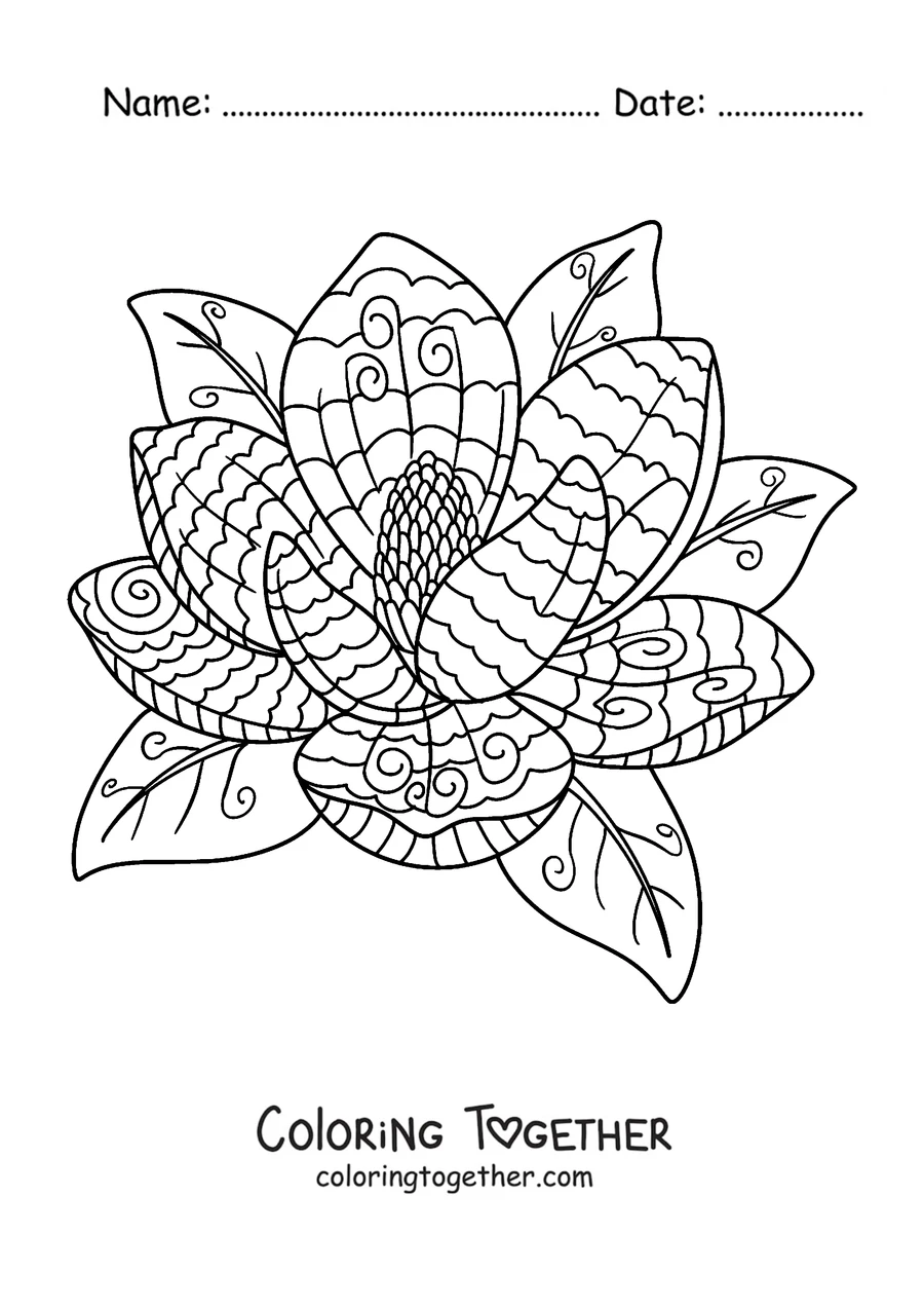 Coloring page of a spring mandala shaped like a magnolia flower with leaves