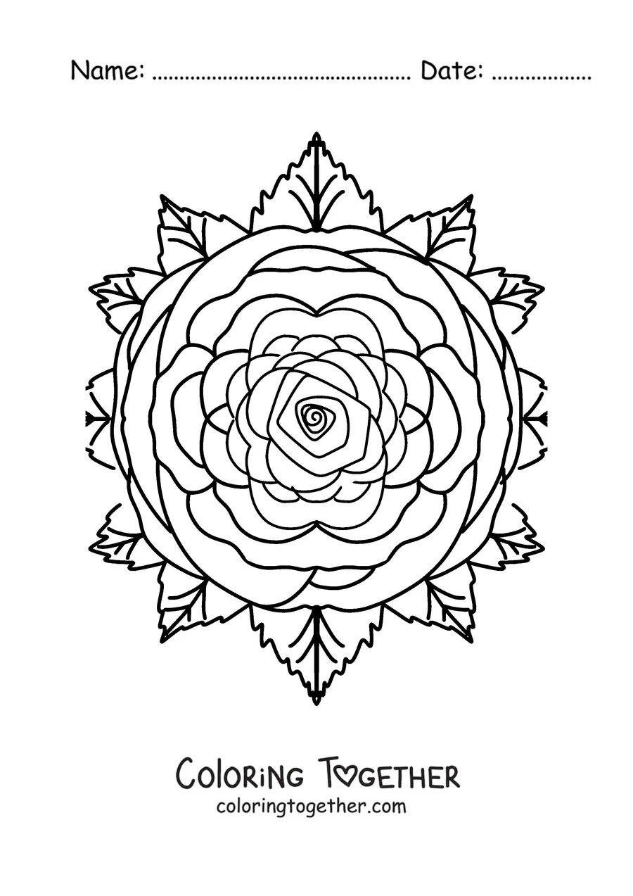 Coloring page of a spring mandala with a rose in the center and leaves around it