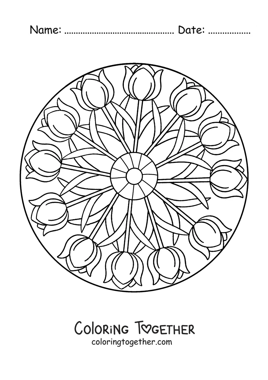 Coloring page of a spring mandala with tulips in a circle around the center