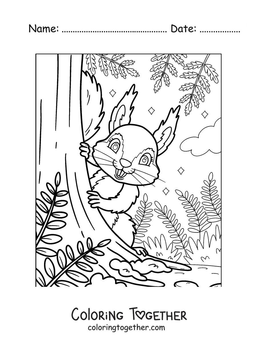 Coloring page of a squirrel climbing up a tree trunk