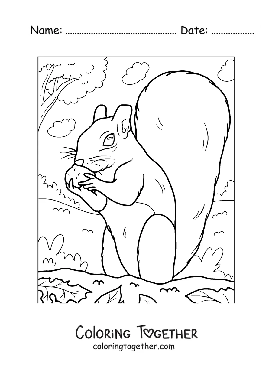 Coloring page of a squirrel eating a nut