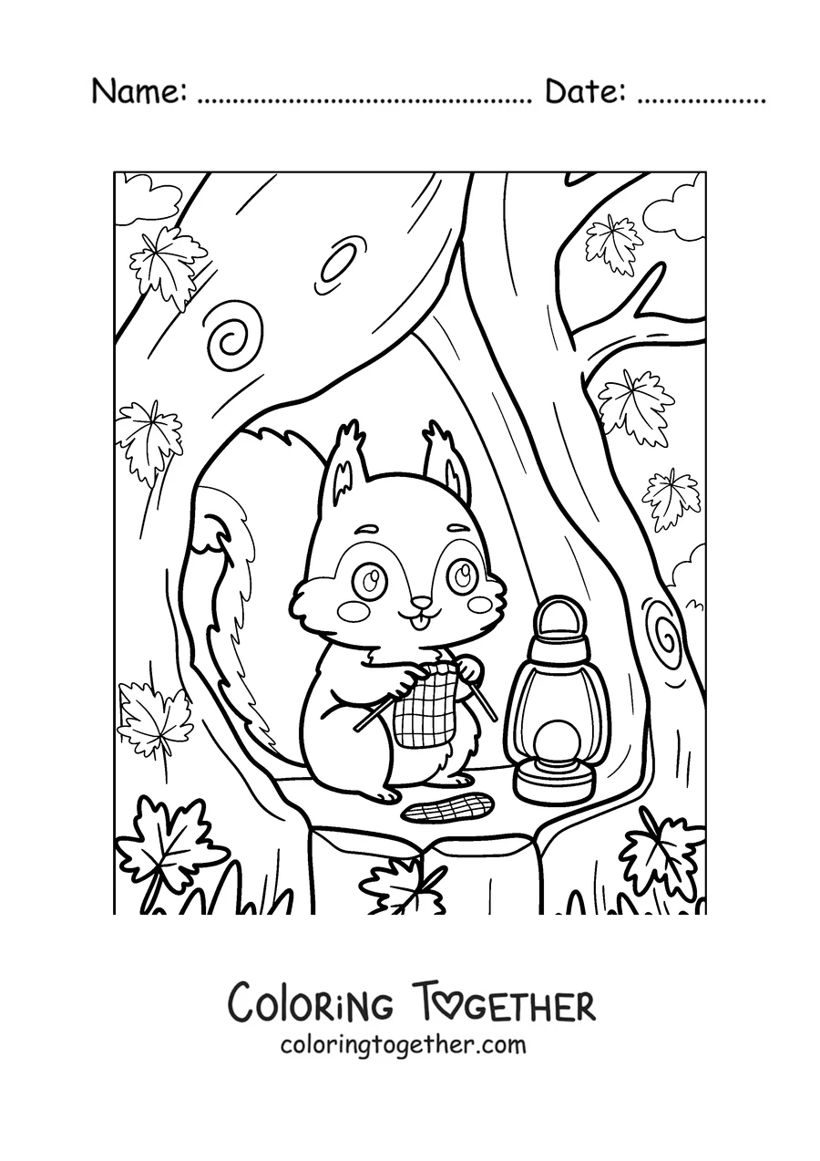 Coloring page of a squirrel in a tree hollow next to a lantern
