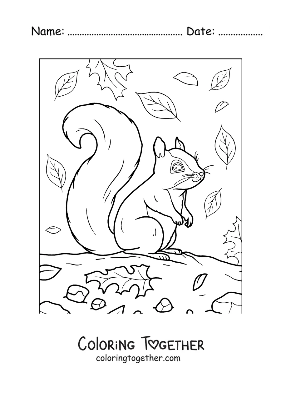 Coloring page of a squirrel among the autumn leaves