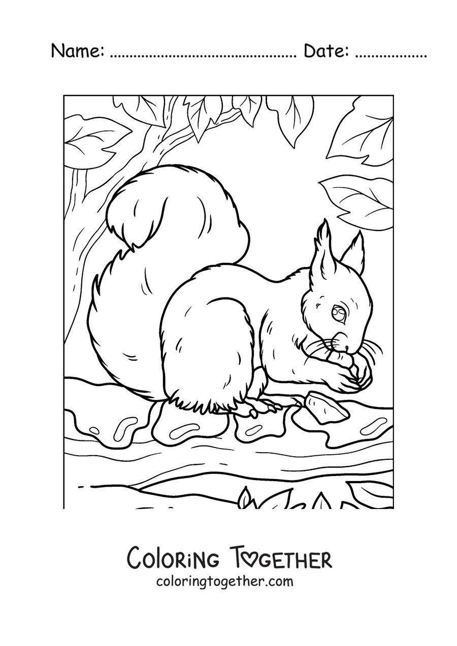 Coloring page of a squirrel looking for nuts on the ground