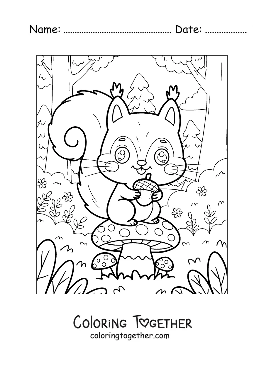 Coloring page of a squirrel sitting on a mushroom with an acorn