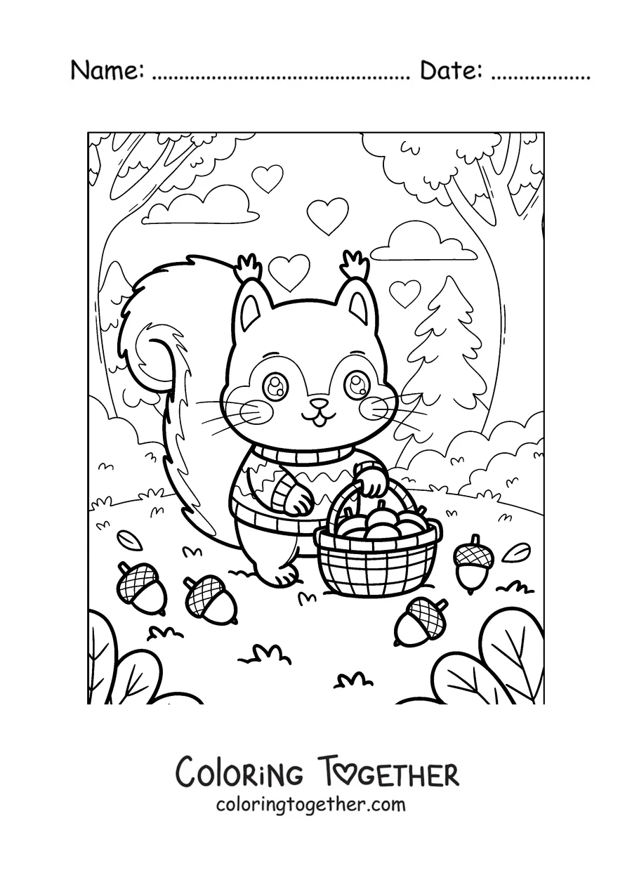 Coloring page of a squirrel in a sweater with a basket of acorns