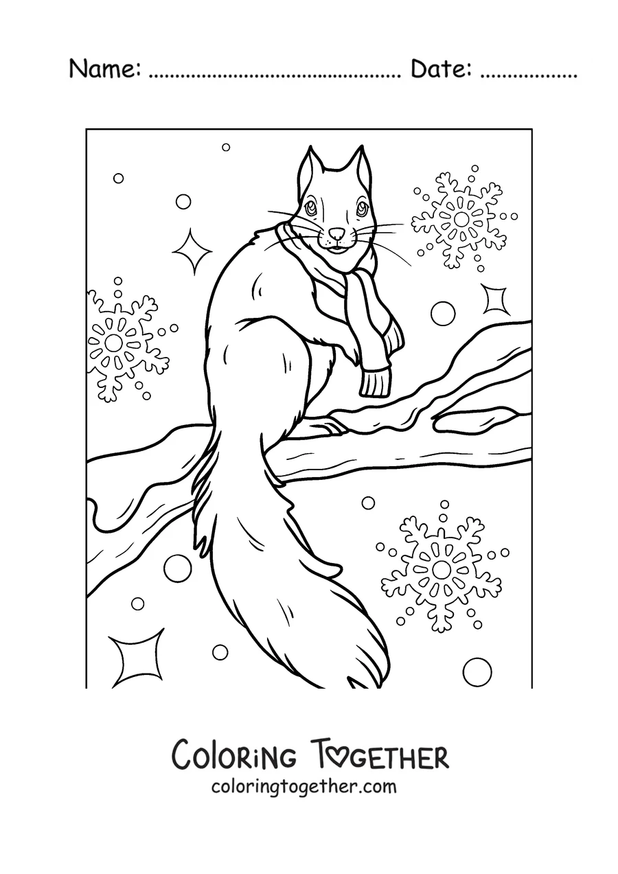 Coloring page of a squirrel with a scarf on a snowy branch