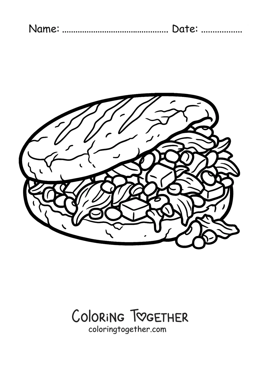 Coloring page of an arepa stuffed to the brim