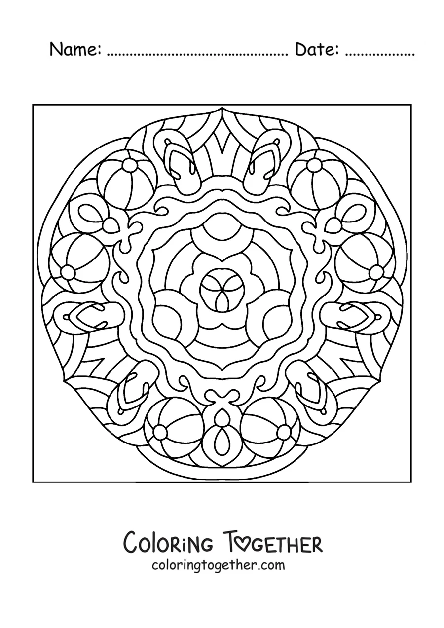 Coloring page of a summer mandala with beach balls and flip-flops