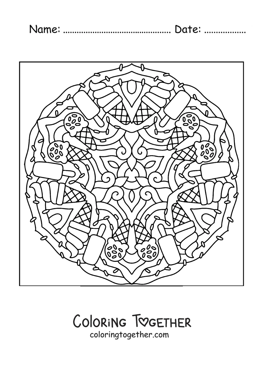 Coloring page of a summer mandala made of ice cream cones and popsicles