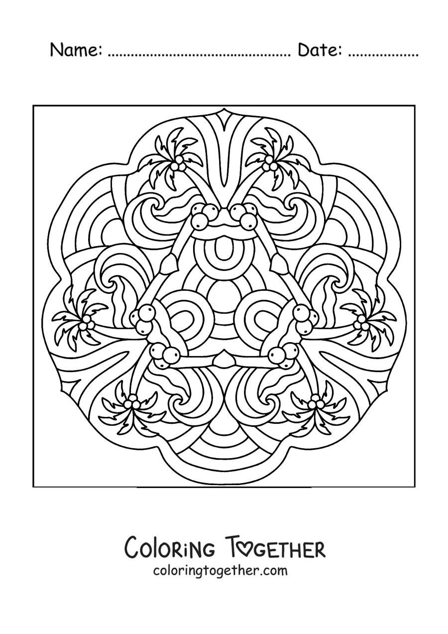 Coloring page of a summer mandala with palm trees, coconuts and waves