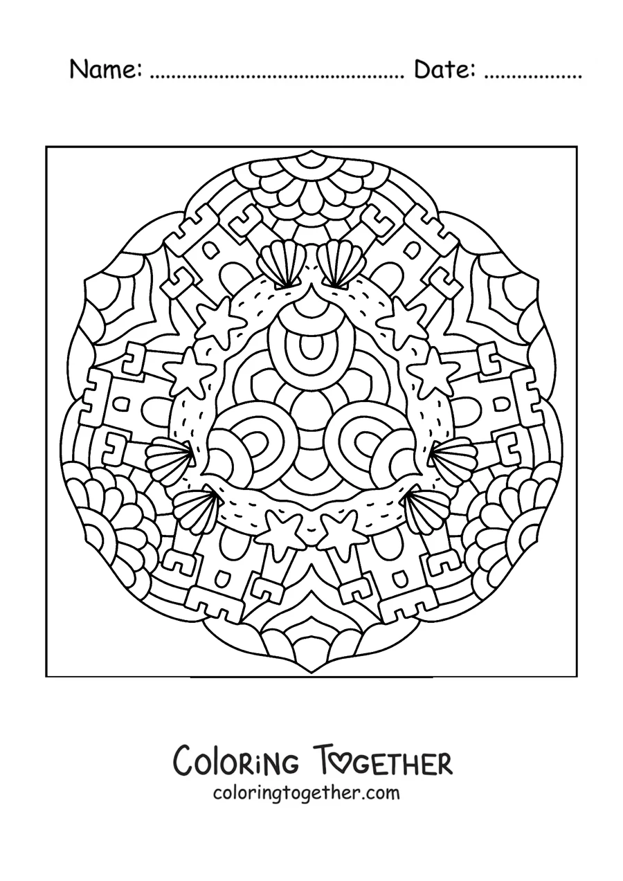 Coloring page of a summer mandala with sandcastles, shells and starfish