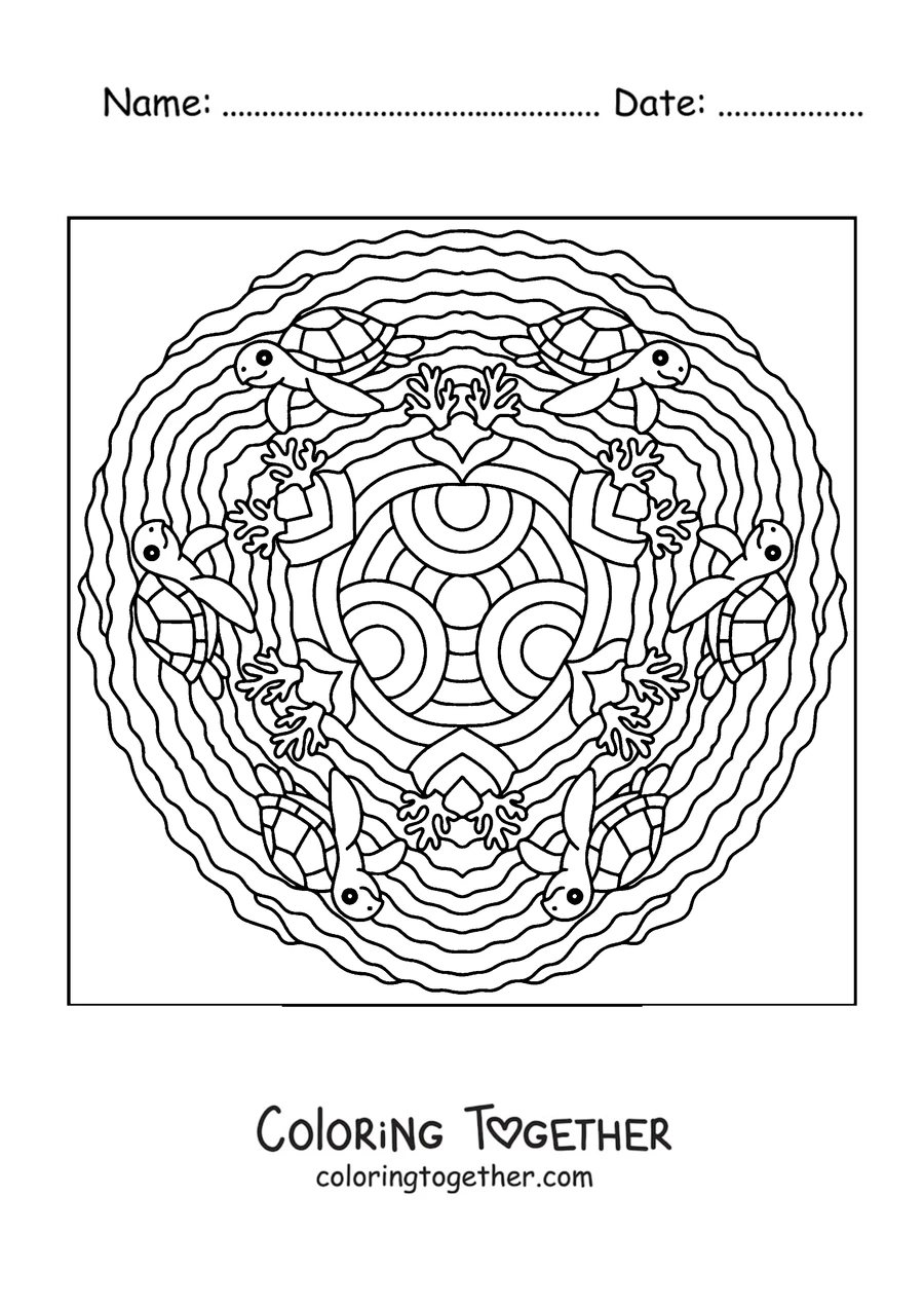 Coloring page of a summer mandala with sea turtles and corals