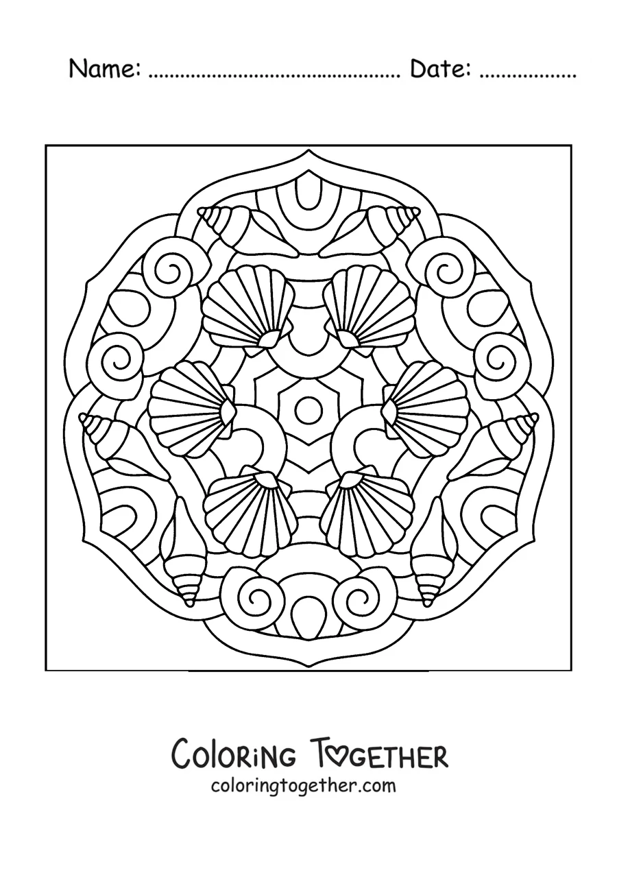 Coloring page of a summer mandala made of seashells and sea conches
