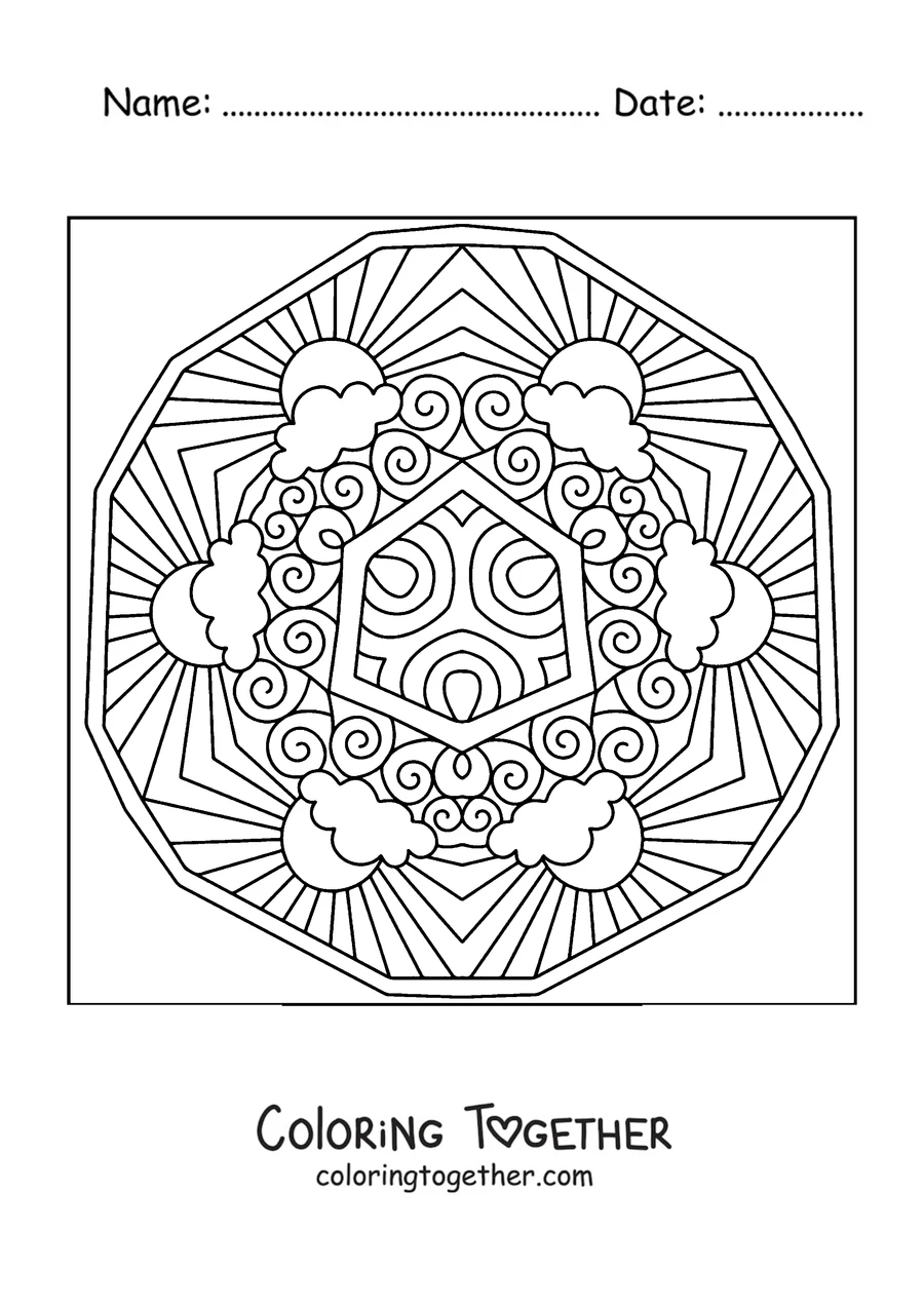 Coloring page of a summer mandala with a sun with long rays and clouds
