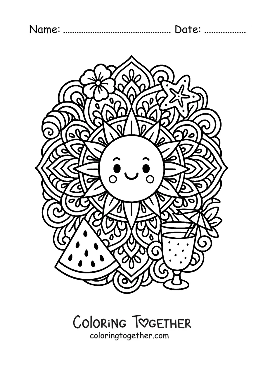 Coloring page of a summer mandala with a smiling sun, watermelon, flower and starfish
